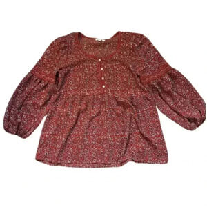 Max Studio Burnt Orange Floral Long Sleeve Blouse Size Small